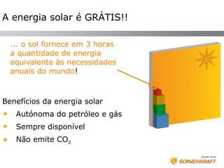 A energia solar é GRÁTIS!!

  ... o sol fornece em 3 horas
  a quantidade de energia
  equivalente às necessidades
  anuais do mundo!



Benefícios da energia solar
   Autónoma do petróleo e gás
   Sempre disponível
   Não emite CO2
 