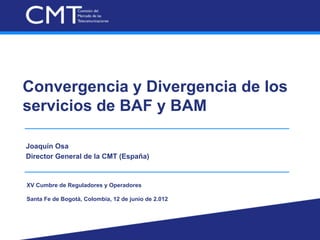 Convergencia y Divergencia de los
servicios de BAF y BAM

Joaquín Osa
Director General de la CMT (España)


XV Cumbre de Reguladores y Operadores

Santa Fe de Bogotá, Colombia, 12 de junio de 2.012
 