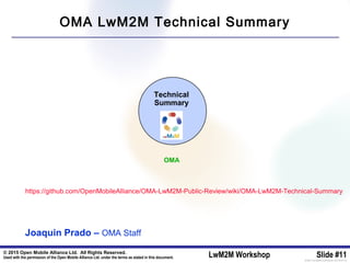 © 2015 Open Mobile Alliance Ltd. All Rights Reserved.
Used with the permission of the Open Mobile Alliance Ltd. under the terms as stated in this document. LwM2M Workshop Slide #11[OMA-Template-SlideDeck-20140101-I]
Technical
Summary
https://github.com/OpenMobileAlliance/OMA-LwM2M-Public-Review/wiki/OMA-LwM2M-Technical-Summary
OMA
OMA LwM2M Technical Summary
Joaquin Prado – OMA Staff
 