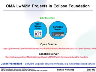© 2015 Open Mobile Alliance Ltd. All Rights Reserved.
Used with the permission of the Open Mobile Alliance Ltd. under the terms as stated in this document. LwM2M Workshop Slide #13[OMA-Template-SlideDeck-20140101-I]
Open
Source
Code
https://github.com/OpenMobileAlliance/OMA-LwM2M-Public-Review/wiki/LwM2M-Open-Source-Code
Outer Ecosystem
OMA LwM2M Projects in Eclipse Foundation
Julien Vermillard – Software Engineer at Sierra Wireless, e.g. AirVantage cloud service
Sandbox
Server
https://github.com/OpenMobileAlliance/OMA-LwM2M-Public-Review/wiki/LwM2M-Sandbox
Open Source
Sandbox Server
 