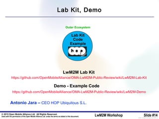 © 2015 Open Mobile Alliance Ltd. All Rights Reserved.
Used with the permission of the Open Mobile Alliance Ltd. under the terms as stated in this document. LwM2M Workshop Slide #14[OMA-Template-SlideDeck-20140101-I]
Lab Kit
Code
Example
https://github.com/OpenMobileAlliance/OMA-LwM2M-Public-Review/wiki/LwM2M-Lab-Kit
LwM2M Lab Kit
Demo - Example Code
https://github.com/OpenMobileAlliance/OMA-LwM2M-Public-Review/wiki/LwM2M-Demo
Outer Ecosystem
Lab Kit, Demo
Antonio Jara – CEO HOP Ubiquitous S.L.
 