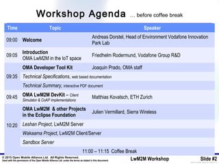 © 2015 Open Mobile Alliance Ltd. All Rights Reserved.
Used with the permission of the Open Mobile Alliance Ltd. under the terms as stated in this document. LwM2M Workshop Slide #2[OMA-Template-SlideDeck-20140101-I]
Workshop Agenda … before coffee break
Time Topic Speaker
09:00 Welcome
Andreas Dorstel, Head of Environment Vodafone Innovation
Park Lab
09:05
Introduction
OMA LwM2M in the IoT space
Friedhelm Rodermund, Vodafone Group R&D
09:35
OMA Developer Tool Kit Joaquin Prado, OMA staff
Technical Specifications, web based documentation
Technical Summary, interactive PDF document
09:45 OMA LwM2M DevKit – Client
Simulator & CoAP implementations
Matthias Kovatsch, ETH Zurich
10:20
OMA LwM2M & other Projects
in the Eclipse Foundation
Julien Vermillard, Sierra Wireless
Leshan Project, LwM2M Server
Wakaama Project, LwM2M Client/Server
Sandbox Server
11:00 – 11:15 Coffee Break
 