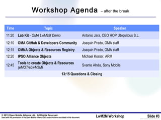 © 2015 Open Mobile Alliance Ltd. All Rights Reserved.
Used with the permission of the Open Mobile Alliance Ltd. under the terms as stated in this document. LwM2M Workshop Slide #3[OMA-Template-SlideDeck-20140101-I]
Workshop Agenda – after the break
Time Topic Speaker
11:20 Lab Kit - OMA LwM2M Demo Antonio Jara, CEO HOP Ubiquitous S.L.
12:10 OMA GitHub & Developers Community Joaquin Prado, OMA staff
12:15 OMNA Objects & Resources Registry Joaquin Prado, OMA staff
12:20 IPSO Alliance Objects Michael Koster, ARM
12:45
Tools to create Objects & Resources
(eMOT/eLwM2M)
Svante Alnás, Sony Mobile
13:15 Questions & Closing
 