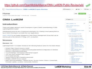 © 2015 Open Mobile Alliance Ltd. All Rights Reserved.
Used with the permission of the Open Mobile Alliance Ltd. under the terms as stated in this document. LwM2M Workshop Slide #6[OMA-Template-SlideDeck-20140101-I]
WIP
 