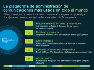 Ofrezca servicios de comunicaciones constantes a los empleados, ya sea que
  trabajen en el campus principal, en las sucursales o de forma remota

                                                               1   Procesamiento de llamadas de voz y video
                                                                   Administración unificada de llamadas de voz y video
                                                                   de clase empresarial

                                                               2   Movilidad y presencia
                                                                   Integración de cliente único para espacios de trabajo adaptables
Unified
Communications
Manager                                                        3   Entre empresas
                                                                   Colaboración interempresarial segura, dentro de la empresa y
                                                                   entre empresas

                                                               4   Opciones de terminales y dispositivos
                                                                   Desde teléfonos IP a dispositivos móviles para experiencias de video


                                                               5   Administración
                                                                   Herramientas integradas para administración inteligente y soporte
                                                                   al usuario

 © 2011 Cisco o sus filiales. Todos los derechos reservados.                                                       Información confidencial de Cisco   11
 