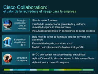 La mejor                       Simplemente, funciona.
                             experiencia
                                                              Calidad de la experiencia garantizada y uniforme,
                                 para el
                                usuario                       movilidad segura en todo momento
                                                              Resultados predecibles en condiciones de carga excesiva

                                                              Bajo nivel de carga de llamadas para los servicios de
                            Experiencia                       asistencia
                            simplificada
                                                              Escalabilidad rápida, con video y voz
                                    de TI
                                                              Modelo de implementación flexible; incluye VDI

                                                              BYOD con control minucioso basado en políticas
                                  Seguridad                   Aplicación sensible al contexto y control de acceso Saas
                                 corporativa
                                                              Aplicaciones y contenido seguros


© 2011 Cisco o sus filiales. Todos los derechos reservados.                                             Información confidencial de Cisco   5
 
