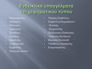    Επιχειρηματίας       Νομικός Σύμβουλος
   Δικηγόρος            Σύμβουλος Επιχειρήσεων
   Πολιτικός             Πωλητής
   Τραπεζικός            Χρηματιστής
   Ξενοδόχος            Ταξιδιωτικός Πράκτορας
   Έμπορος               Αναλυτής Πωλήσεων
   Επενδυτής            Ιδιωτικός Ντετέκτιβ
   Ασφαλιστικός         Υπεύθυνος Διαφήμισης
   Σύμβουλος            Κτηματομεσίτης
   Ναυλωτής πλοίων
 