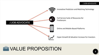 VALUE PROPOSITION
Innovative Prediction and Matching Technology
Full-Service Suite of Resources for
Freelancers
Online and Mobile-Based Platforms
Hyper-Growth & Valuation Increase For Investors
4
✓JOB ADVOCATE
✓JOB ADVOCATE
 