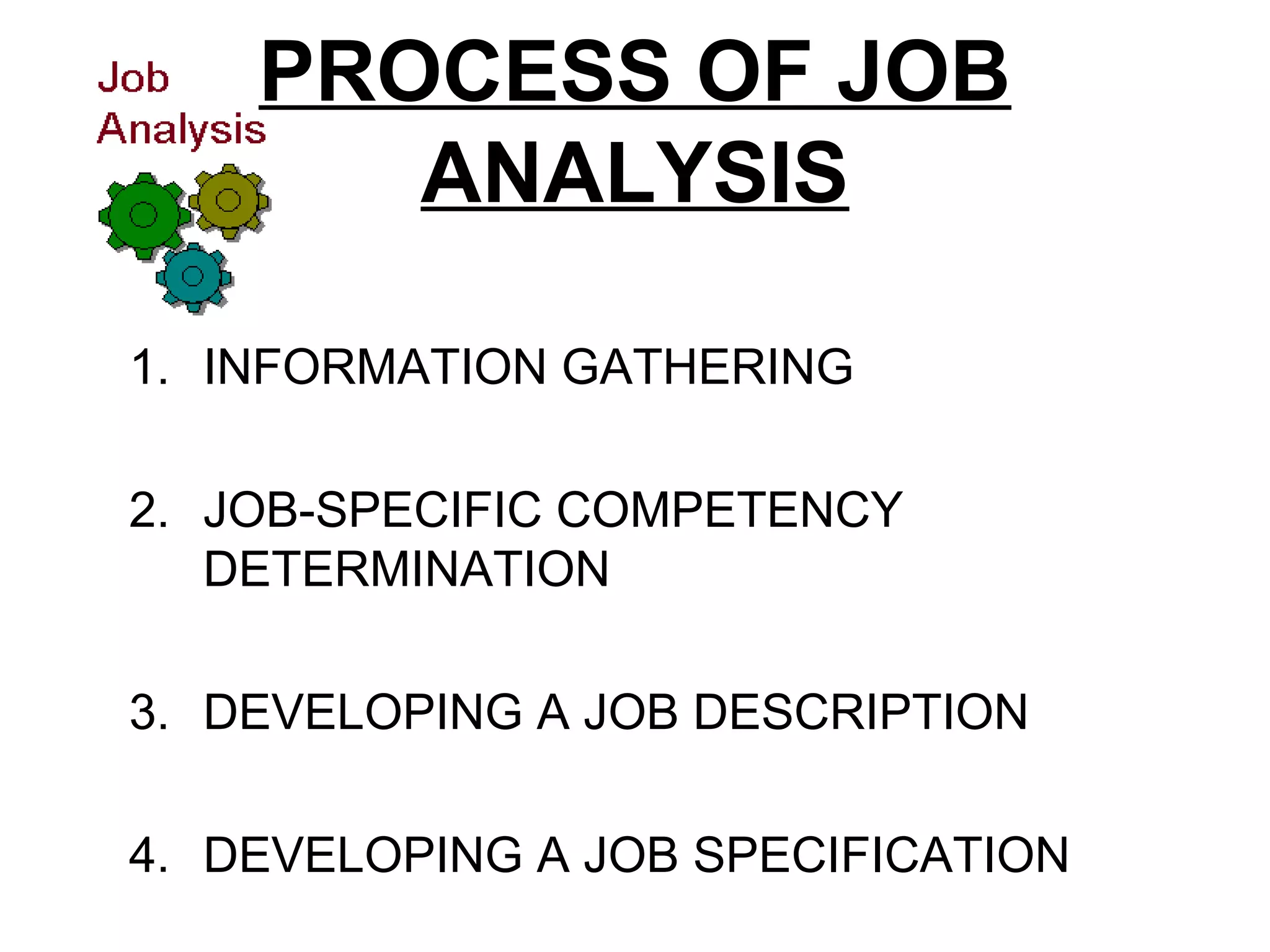 PROCESS OF JOB
ANALYSIS
1. INFORMATION GATHERING
2. JOB-SPECIFIC COMPETENCY
DETERMINATION
3. DEVELOPING A JOB DESCRIPTION
4. DEVELOPING A JOB SPECIFICATION
 