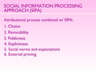 SOCIAL INFORMATION PROCESSING APPROACH (SIPA) Attributional process combined w/ SIPA:  1. Choice 2. Revocability 3. Publicness 4. Explicitness 5. Social norms and expectations 6. External priming 