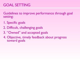 GOAL SETTING Guidelines to improve performance through goal setting:  1. Specific goals 2. Difficult, challenging goals 3. “Owned” and accepted goals 4. Objective, timely feedback about progress toward goals 