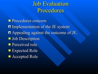 Job Evaluation Procedures Procedures concern Implementation of the JE system Appealing against the outcome of JE. Job Description Perceived role Expected Role Accepted Role