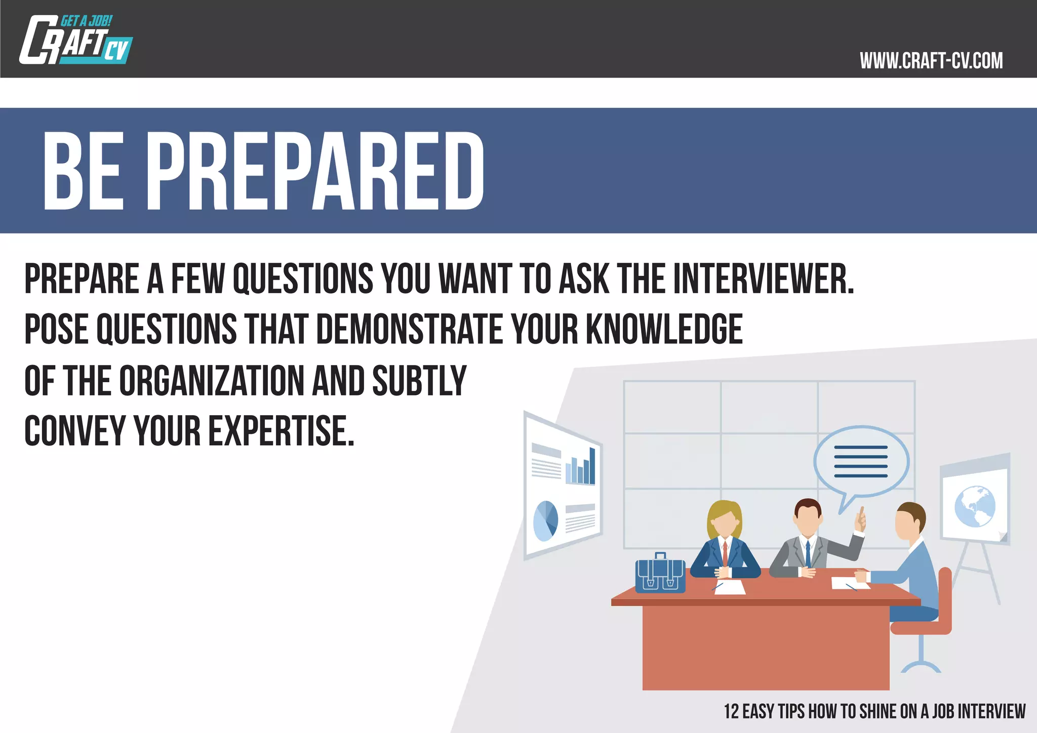 Be prepared
Prepare a few questions you want to ask the interviewer.
Pose questions that demonstrate your knowledge
of the organization and subtly
convey your expertise.
 