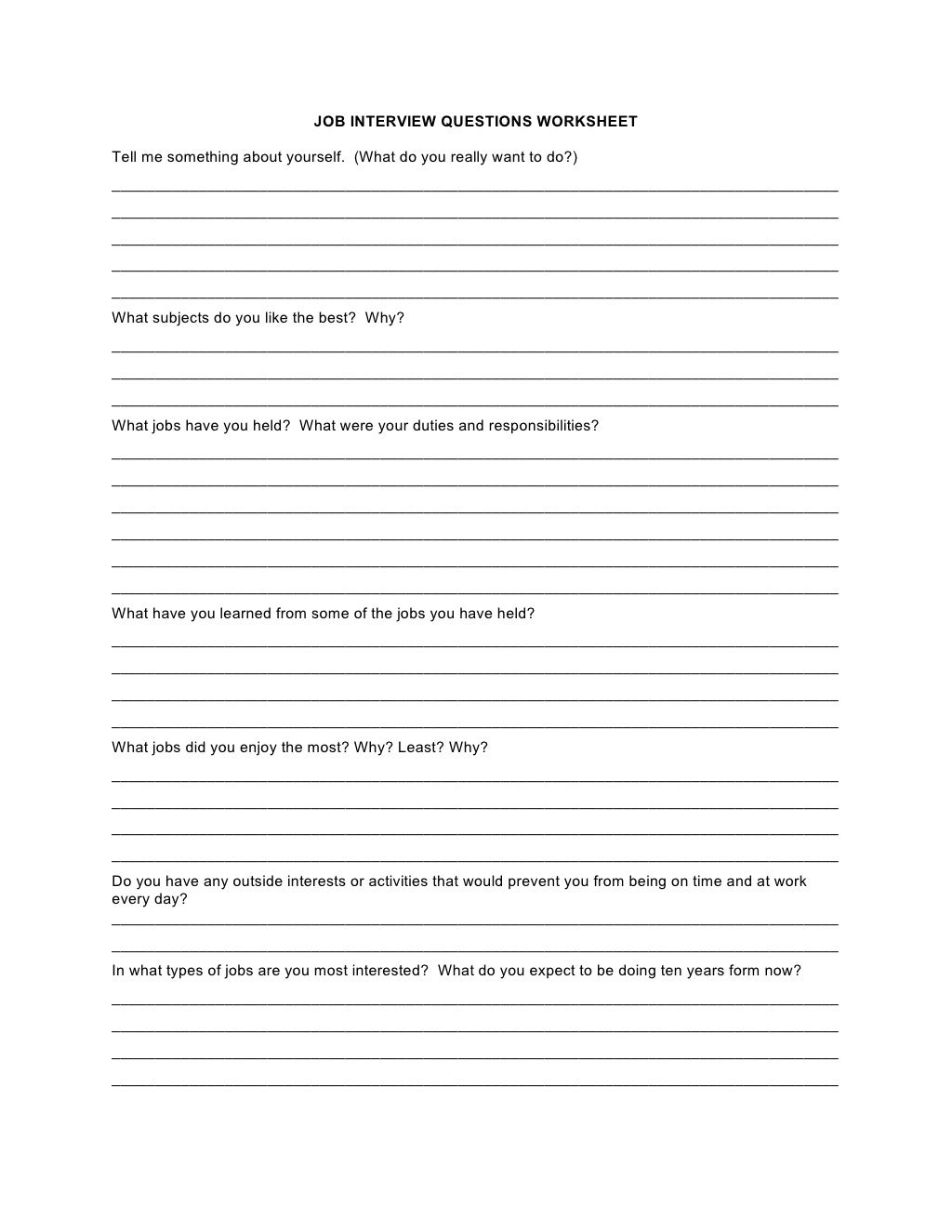 Job Interview Questions Worksheet