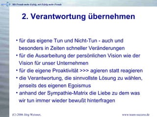 2. Verantwortung übernehmen für das eigene Tun und Nicht-Tun - auch und   besonders in Zeiten schneller Veränderungen für die Ausarbeitung der persönlichen Vision wie der   Vision für unser Unternehmen für die eigene Proaktivität >>> agieren statt reagieren die Verantwortung, die sinnvollste Lösung zu wählen,   jenseits des eigenen Egoismus anhand der Sympathie-Matrix die Liebe zu dem was    wir tun immer wieder bewußt hinterfragen 