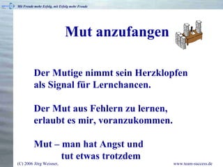 Mut anzufangen Der Mutige nimmt sein Herzklopfen als Signal für Lernchancen. Der Mut aus Fehlern zu lernen, erlaubt es mir, voranzukommen. Mut – man hat Angst und    tut etwas trotzdem   