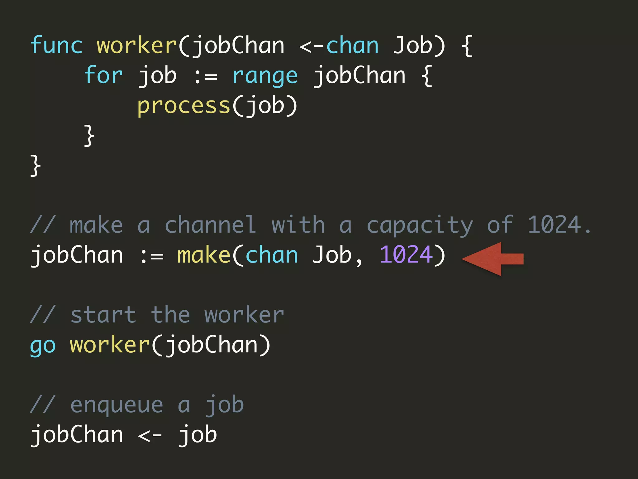 func worker(jobChan <-chan Job) {
for job := range jobChan {
process(job)
}
}
// make a channel with a capacity of 1024.
jobChan := make(chan Job, 1024)
// start the worker
go worker(jobChan)
// enqueue a job
jobChan <- job
 