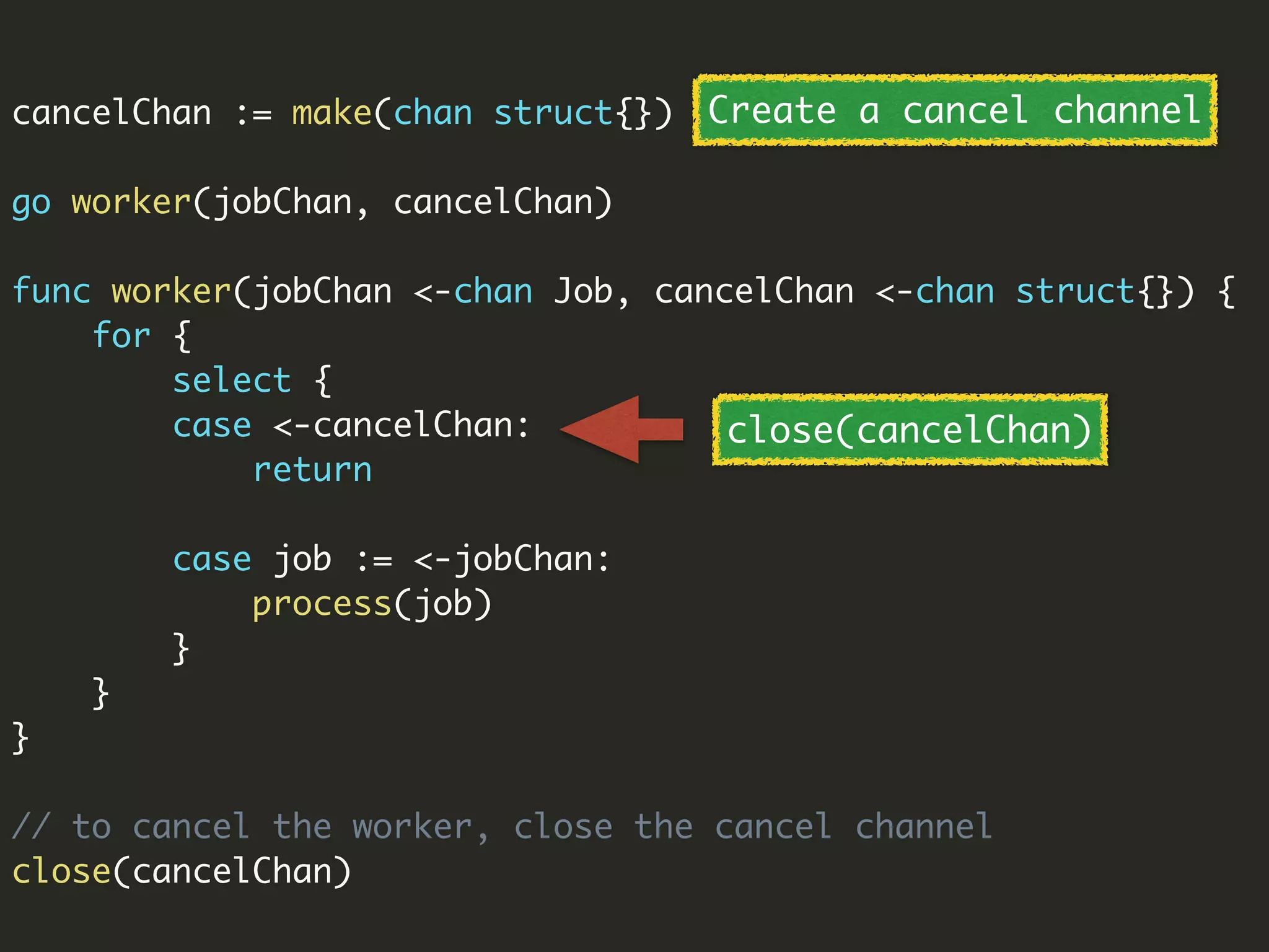 cancelChan := make(chan struct{})
go worker(jobChan, cancelChan)
func worker(jobChan <-chan Job, cancelChan <-chan struct{}) {
for {
select {
case <-cancelChan:
return
case job := <-jobChan:
process(job)
}
}
}
// to cancel the worker, close the cancel channel
close(cancelChan)
Create a cancel channel
close(cancelChan)
 