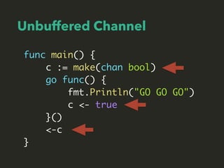 Unbuffered Channel
func main() {
c := make(chan bool)
go func() {
fmt.Println("GO GO GO")
c <- true
}()
<-c
}
 