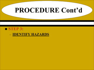  STEP 3:
– IDENTIFY HAZARDS
PROCEDURE Cont’d
 