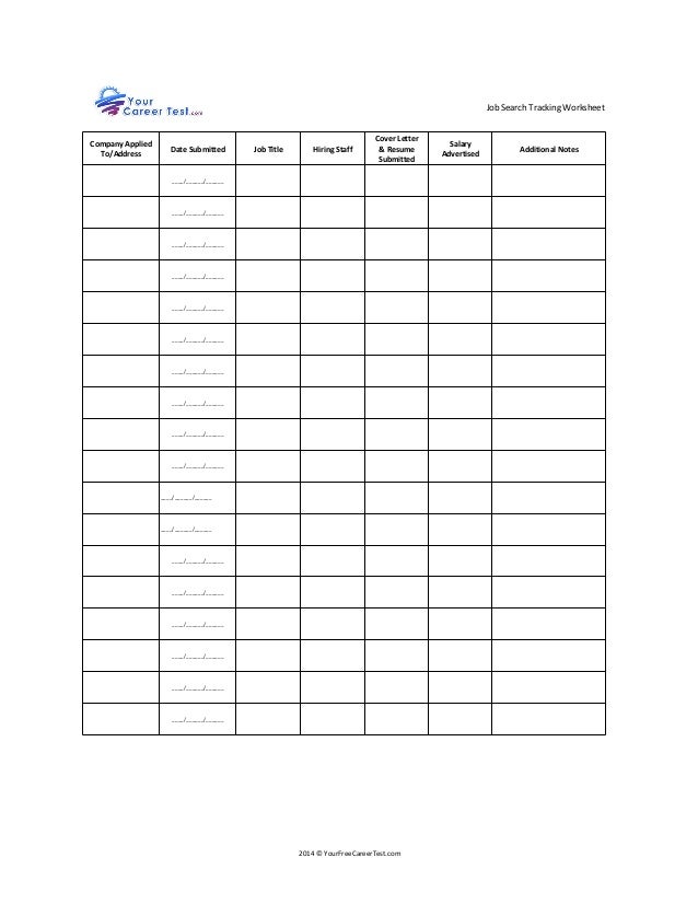 Worksheets Job Search Worksheet job search tracking worksheet 2014 yourfreecareertest com company applied toaddress date submitted