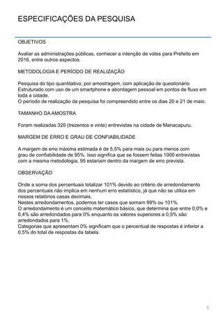 ESPECIFICAÇÕES DA PESQUISA
OBJETIVOS
Avaliar as administrações públicas, conhecer a intenção de votos para Prefeito em
2016, entre outros aspectos.
METODOLOGIA E PERÍODO DE REALIZAÇÃO
Pesquisa do tipo quantitativo, por amostragem, com aplicação de questionário
Estruturado com uso de um smartphone e abordagem pessoal em pontos de fluxo em
toda a cidade.
O período de realização da pesquisa foi compreendido entre os dias 20 e 21 de maio.
TAMANHO DA AMOSTRA
Foram realizadas 320 (trezentos e vinte) entrevistas na cidade de Manacapuru.
MARGEM DE ERRO E GRAU DE CONFIABILIDADE
A margem de erro máxima estimada é de 5,5% para mais ou para menos com
grau de confiabilidade de 95%. Isso significa que se fossem feitas 1000 entrevistas
com a mesma metodologia, 95 estariam dentro da margem de erro prevista.
OBSERVAÇÃO
Onde a soma dos percentuais totalizar 101% devido ao critério de arredondamento
dos percentuais não implica em nenhum erro estatístico, já que não se utiliza em
nossos relatórios casas decimais.
Nestes arredondamentos, podemos ter casos que somam 99% ou 101%.
O arredondamento é um conceito matemático básico, que determina que entre 0,0% e
0,4% são arredondados para 0% enquanto os valores superiores a 0,5% são
arredondados para 1%.
Categorias que apresentam 0% significam que o percentual de respostas é inferior a
0,5% do total de respostas da tabela.
3
 