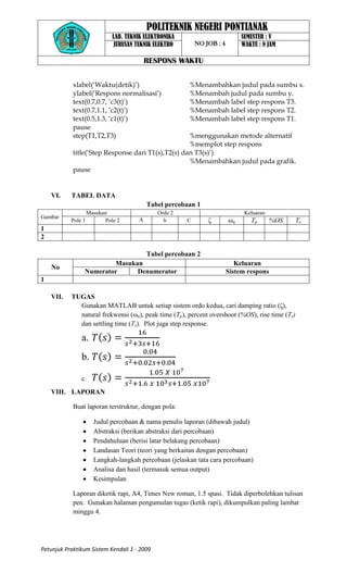 POLITEKNIK NEGERI PONTIANAK
                             LAB. TEKNIK ELEKTRONIKA                         SEMESTER : V
                              JURUSAN TEKNIK ELEKTRO       NO JOB : 4        WAKTU : 8 JAM

                                          RESPONS WAKTU

            xlabel(‘Waktu(detik)’)                     %Menambahkan judul pada sumbu x.
            ylabel(‘Respons normalisasi’)              %Menambah judul pada sumbu y.
            text(0.7,0.7, ’c3(t)’)                     %Menambah label step respons T3.
            text(0.7,1.1, ’c2(t)’)                     %Menambah label step respons T2.
            text(0.5,1.3, ’c1(t)’)                     %Menambah label step respons T1.
            pause
            step(T1,T2,T3)                          %menggunakan metode alternatif
                                                    %memplot step respons
            title(‘Step Response dari T1(s),T2(s) dan T3(s)’)
                                                    %Menambahkan judul pada grafik.
            pause


    VI.    TABEL DATA
                                          Tabel percobaan 1
                    Masukan                  Orde 2                           Keluaran
Gambar
           Pole 1         Pole 2      A        b       C       ζ        ωn      Tp       %OS   Ts
1
2

                                          Tabel percobaan 2
                        Masukan                                            Keluaran
    No
                Numerator     Denumerator                               Sistem respons
1

    VII.   TUGAS
             Gunakan MATLAB untuk setiap sistem ordo kedua, cari damping ratio (ζ),
             natural frekwensi (ωn), peak time (Tp), percent overshoot (%OS), rise time (Tr)
             dan settling time (Ts). Plot juga step response.

               a.
               b.

               c.
    VIII. LAPORAN

            Buat laporan terstruktur, dengan pola:

                      Judul percobaan & nama penulis laporan (dibawah judul)
                      Abstraksi (berikan abstraksi dari percobaan)
                      Pendahuluan (berisi latar belakang percobaan)
                      Landasan Teori (teori yang berkaitan dengan percobaan)
                      Langkah-langkah percobaan (jelaskan tata cara percobaan)
                      Analisa dan hasil (termasuk semua output)
                      Kesimpulan

            Laporan diketik rapi, A4, Times New roman, 1.5 spasi. Tidak diperbolehkan tulisan
            pen. Gunakan halaman pengumulan tugas (ketik rapi), dikumpulkan paling lambat
            minggu 4.




Petunjuk Praktikum Sistem Kendali 1 - 2009
 