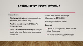 Instructions:
• Find a real job ad that interests you (from
ReliefWeb, NGO Forum, etc.)
• Analyze the ad using the BYBS Job Ad
Breakdown Table:
• Write a 3-sentence summary on how you
would tailor your CV or cover letter to this
specific role.
ASSIGNMENT INSTRUCTIONS
Submit your analysis via Google
Classroom by 29/08/2025
Include your selected advert.
Format:
• Upload as a Google Doc /share link or
Word Document
• File name:YourName_JobAdAnalysis
 