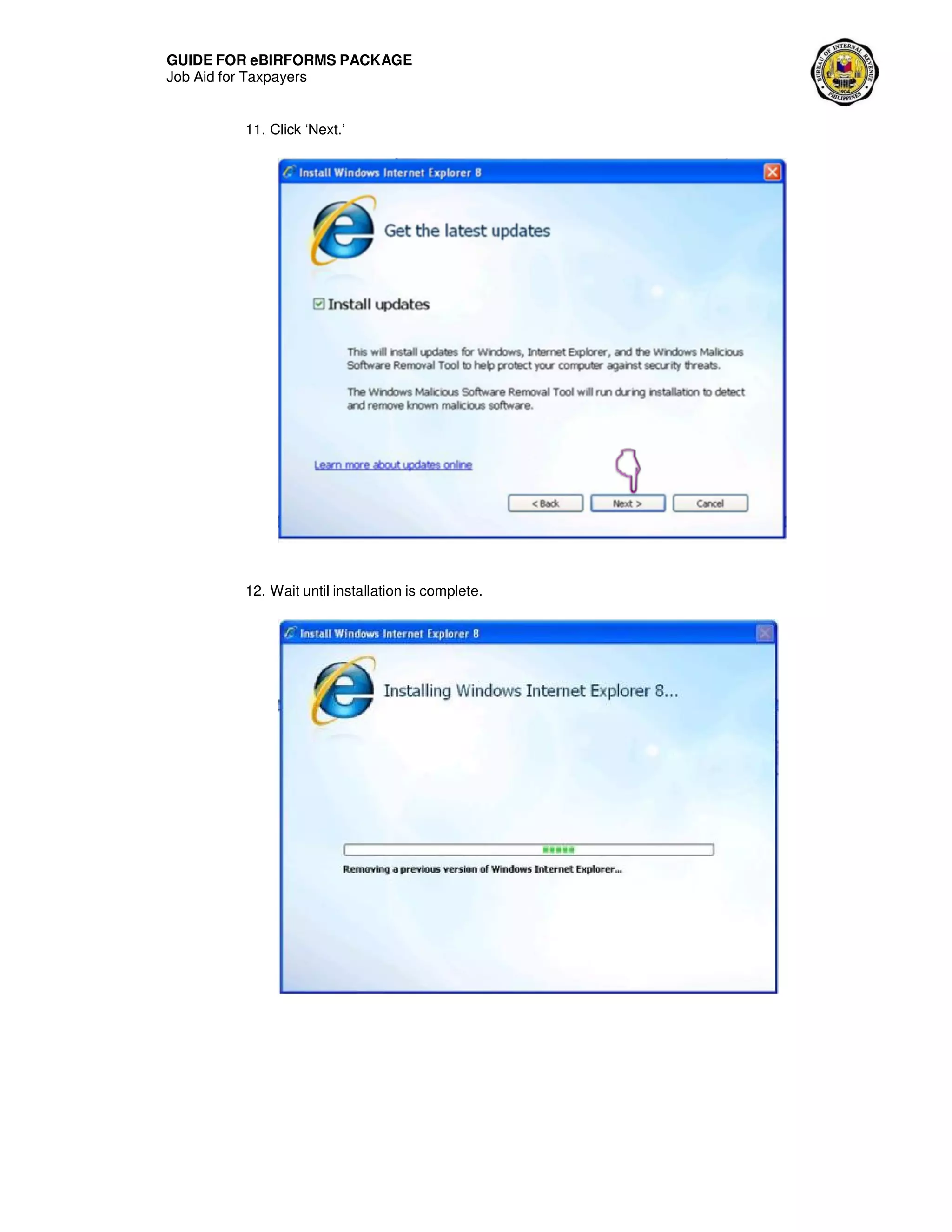 GUIDE FOR eBIRFORMS PACKAGE
Job Aid for Taxpayers
11. Click ‘Next.’
12. Wait until installation is complete.
 