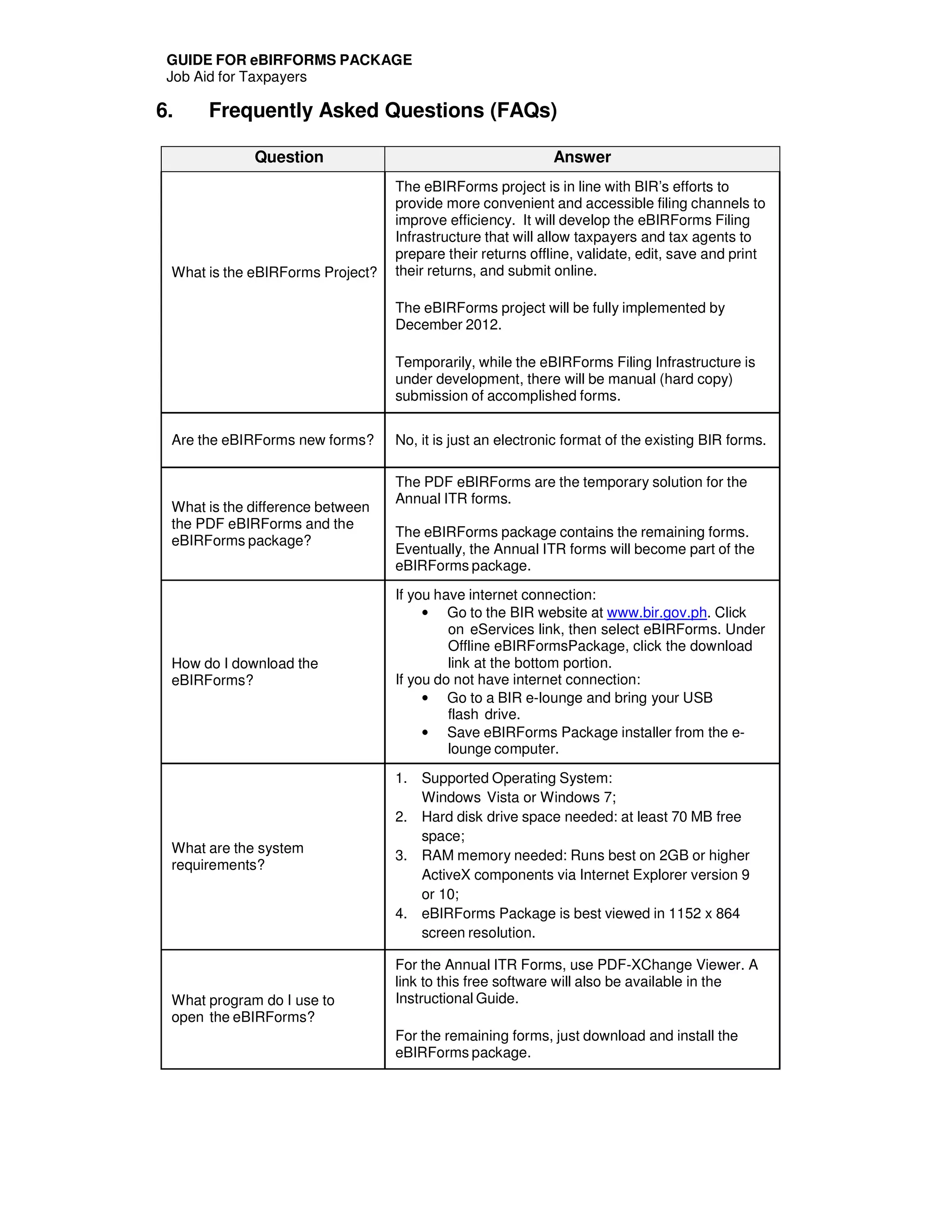 GUIDE FOR eBIRFORMS PACKAGE
Job Aid for Taxpayers
6. Frequently Asked Questions (FAQs)
Question Answer
What is the eBIRForms Project?
The eBIRForms project is in line with BIR’s efforts to
provide more convenient and accessible filing channels to
improve efficiency. It will develop the eBIRForms Filing
Infrastructure that will allow taxpayers and tax agents to
prepare their returns offline, validate, edit, save and print
their returns, and submit online.
The eBIRForms project will be fully implemented by
December 2012.
Temporarily, while the eBIRForms Filing Infrastructure is
under development, there will be manual (hard copy)
submission of accomplished forms.
Are the eBIRForms new forms? No, it is just an electronic format of the existing BIR forms.
What is the difference between
the PDF eBIRForms and the
eBIRForms package?
The PDF eBIRForms are the temporary solution for the
Annual ITR forms.
The eBIRForms package contains the remaining forms.
Eventually, the Annual ITR forms will become part of the
eBIRForms package.
How do I download the
eBIRForms?
If you have internet connection:
• Go to the BIR website at www.bir.gov.ph. Click
on eServices link, then select eBIRForms. Under
Offline eBIRFormsPackage, click the download
link at the bottom portion.
If you do not have internet connection:
• Go to a BIR e-lounge and bring your USB
flash drive.
• Save eBIRForms Package installer from the e-
lounge computer.
What are the system
requirements?
1. Supported Operating System:
Windows Vista or Windows 7;
2. Hard disk drive space needed: at least 70 MB free
space;
3. RAM memory needed: Runs best on 2GB or higher
ActiveX components via Internet Explorer version 9
or 10;
4. eBIRForms Package is best viewed in 1152 x 864
screen resolution.
What program do I use to
open the eBIRForms?
For the Annual ITR Forms, use PDF-XChange Viewer. A
link to this free software will also be available in the
Instructional Guide.
For the remaining forms, just download and install the
eBIRForms package.
 