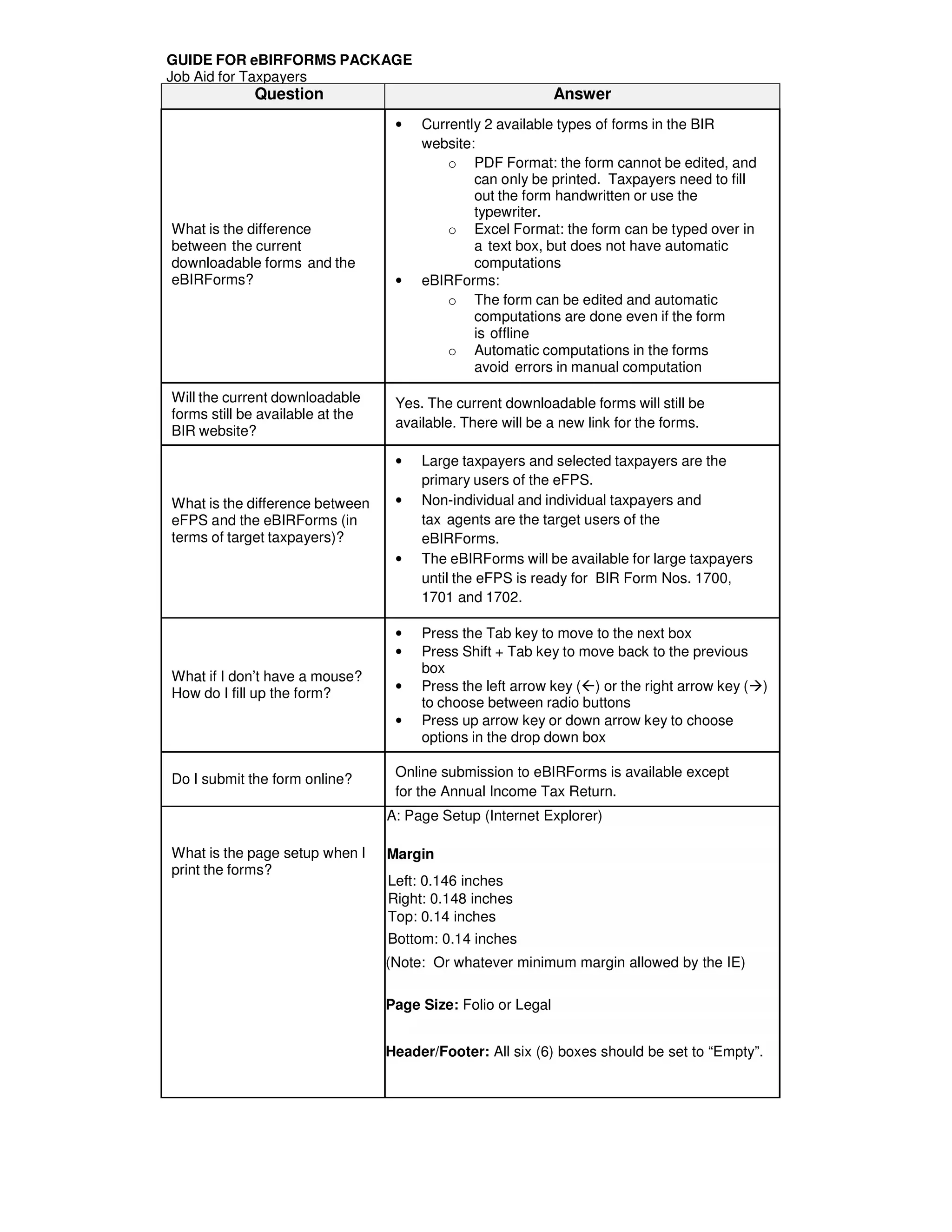 GUIDE FOR eBIRFORMS PACKAGE
Job Aid for Taxpayers
Question Answer
What is the difference
between the current
downloadable forms and the
eBIRForms?
• Currently 2 available types of forms in the BIR
website:
o PDF Format: the form cannot be edited, and
can only be printed. Taxpayers need to fill
out the form handwritten or use the
typewriter.
o Excel Format: the form can be typed over in
a text box, but does not have automatic
computations
• eBIRForms:
o The form can be edited and automatic
computations are done even if the form
is offline
o Automatic computations in the forms
avoid errors in manual computation
Will the current downloadable
forms still be available at the
BIR website?
Yes. The current downloadable forms will still be
available. There will be a new link for the forms.
What is the difference between
eFPS and the eBIRForms (in
terms of target taxpayers)?
• Large taxpayers and selected taxpayers are the
primary users of the eFPS.
• Non-individual and individual taxpayers and
tax agents are the target users of the
eBIRForms.
• The eBIRForms will be available for large taxpayers
until the eFPS is ready for BIR Form Nos. 1700,
1701 and 1702.
What if I don’t have a mouse?
How do I fill up the form?
• Press the Tab key to move to the next box
• Press Shift + Tab key to move back to the previous
box
• Press the left arrow key () or the right arrow key ( )
to choose between radio buttons
• Press up arrow key or down arrow key to choose
options in the drop down box
Do I submit the form online? Online submission to eBIRForms is available except
for the Annual Income Tax Return.
What is the page setup when I
print the forms?
A: Page Setup (Internet Explorer)
Margin
Left: 0.146 inches
Right: 0.148 inches
Top: 0.14 inches
Bottom: 0.14 inches
(Note: Or whatever minimum margin allowed by the IE)
Page Size: Folio or Legal
Header/Footer: All six (6) boxes should be set to “Empty”.
 