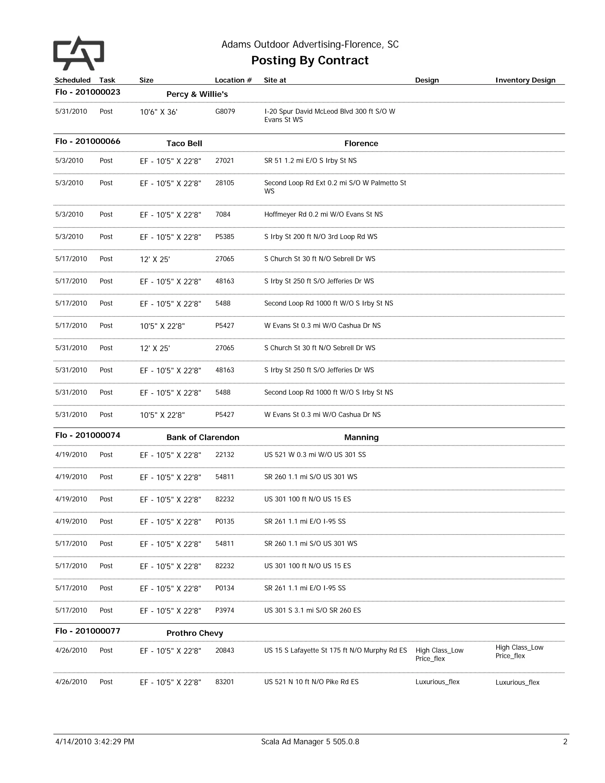Adams Outdoor Advertising-Florence, SC
                                                     Posting By Contract
Scheduled   Task       Size                 Location #   Site at                                        Design           Inventory Design
Flo - 201000023               Percy & Willie's

5/31/2010   Post       10'6" X 36'          G8079        I-20 Spur David McLeod Blvd 300 ft S/O W
                                                         Evans St WS


Flo - 201000066               Taco Bell                                            Florence

5/3/2010    Post       EF - 10'5" X 22'8"   27021        SR 51 1.2 mi E/O S Irby St NS


5/3/2010    Post       EF - 10'5" X 22'8"   28105        Second Loop Rd Ext 0.2 mi S/O W Palmetto St
                                                         WS


5/3/2010    Post       EF - 10'5" X 22'8"   7084         Hoffmeyer Rd 0.2 mi W/O Evans St NS


5/3/2010    Post       EF - 10'5" X 22'8"   P5385        S Irby St 200 ft N/O 3rd Loop Rd WS


5/17/2010   Post       12' X 25'            27065        S Church St 30 ft N/O Sebrell Dr WS


5/17/2010   Post       EF - 10'5" X 22'8"   48163        S Irby St 250 ft S/O Jefferies Dr WS


5/17/2010   Post       EF - 10'5" X 22'8"   5488         Second Loop Rd 1000 ft W/O S Irby St NS


5/17/2010   Post       10'5" X 22'8"        P5427        W Evans St 0.3 mi W/O Cashua Dr NS


5/31/2010   Post       12' X 25'            27065        S Church St 30 ft N/O Sebrell Dr WS


5/31/2010   Post       EF - 10'5" X 22'8"   48163        S Irby St 250 ft S/O Jefferies Dr WS


5/31/2010   Post       EF - 10'5" X 22'8"   5488         Second Loop Rd 1000 ft W/O S Irby St NS


5/31/2010   Post       10'5" X 22'8"        P5427        W Evans St 0.3 mi W/O Cashua Dr NS


Flo - 201000074               Bank of Clarendon                                    Manning

4/19/2010   Post       EF - 10'5" X 22'8"   22132        US 521 W 0.3 mi W/O US 301 SS


4/19/2010   Post       EF - 10'5" X 22'8"   54811        SR 260 1.1 mi S/O US 301 WS


4/19/2010   Post       EF - 10'5" X 22'8"   82232        US 301 100 ft N/O US 15 ES


4/19/2010   Post       EF - 10'5" X 22'8"   P0135        SR 261 1.1 mi E/O I-95 SS


5/17/2010   Post       EF - 10'5" X 22'8"   54811        SR 260 1.1 mi S/O US 301 WS


5/17/2010   Post       EF - 10'5" X 22'8"   82232        US 301 100 ft N/O US 15 ES


5/17/2010   Post       EF - 10'5" X 22'8"   P0134        SR 261 1.1 mi E/O I-95 SS


5/17/2010   Post       EF - 10'5" X 22'8"   P3974        US 301 S 3.1 mi S/O SR 260 ES


Flo - 201000077               Prothro Chevy

4/26/2010   Post                                                                                                         High Class_Low
                       EF - 10'5" X 22'8"   20843        US 15 S Lafayette St 175 ft N/O Murphy Rd ES   High Class_Low
                                                                                                        Price_flex       Price_flex


4/26/2010   Post       EF - 10'5" X 22'8"   83201        US 521 N 10 ft N/O Pike Rd ES                  Luxurious_flex   Luxurious_flex




4/14/2010 3:42:29 PM                                     Scala Ad Manager 5 505.0.8                                                         2
 