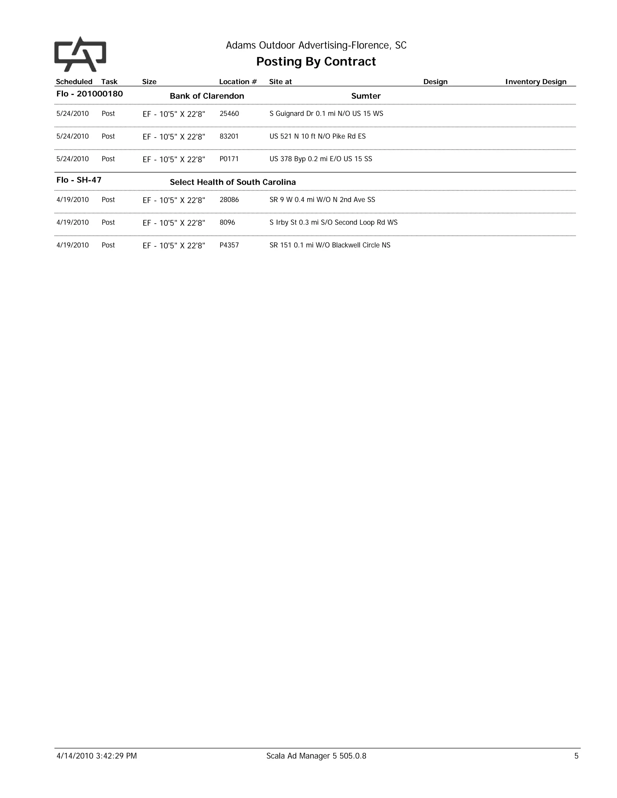 Adams Outdoor Advertising-Florence, SC
                                                     Posting By Contract
Scheduled   Task       Size                 Location #   Site at                                  Design   Inventory Design
Flo - 201000180               Bank of Clarendon                                  Sumter

5/24/2010     Post     EF - 10'5" X 22'8"   25460        S Guignard Dr 0.1 mi N/O US 15 WS


5/24/2010     Post     EF - 10'5" X 22'8"   83201        US 521 N 10 ft N/O Pike Rd ES


5/24/2010     Post     EF - 10'5" X 22'8"   P0171        US 378 Byp 0.2 mi E/O US 15 SS


Flo - SH-47                   Select Health of South Carolina

4/19/2010     Post     EF - 10'5" X 22'8"   28086        SR 9 W 0.4 mi W/O N 2nd Ave SS


4/19/2010     Post     EF - 10'5" X 22'8"   8096         S Irby St 0.3 mi S/O Second Loop Rd WS


4/19/2010     Post     EF - 10'5" X 22'8"   P4357        SR 151 0.1 mi W/O Blackwell Circle NS




4/14/2010 3:42:29 PM                                     Scala Ad Manager 5 505.0.8                                           5
 