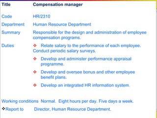 4-21Title Compensation manager
Code HR/2310
Department Human Resource Department
Summary Responsible for the design and administration of employee
compensation programs.
Duties  Relate salary to the performance of each employee.
Conduct periodic salary surveys.
 Develop and administer performance appraisal
programme.
 Develop and oversee bonus and other employee
benefit plans.
 Develop an integrated HR information system.
Working conditions Normal. Eight hours per day. Five days a week.
Report to Director, Human Resource Department.
 