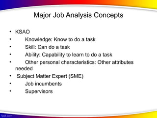 Major Job Analysis Concepts
• KSAO
• Knowledge: Know to do a task
• Skill: Can do a task
• Ability: Capability to learn to do a task
• Other personal characteristics: Other attributes
needed
• Subject Matter Expert (SME)
• Job incumbents
• Supervisors
 