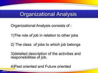 Organizational Analysis consists of :
1)The role of job in relation to other jobs
2) The class of jobs to which job belongs
3)detailed description of the activities and
responsibilities of job.
4)Past oriented and Future oriented
Job Analysis
Organizational Analysis
 
