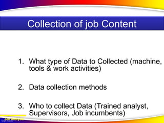 1. What type of Data to Collected (machine,
tools & work activities)
2. Data collection methods
3. Who to collect Data (Trained analyst,
Supervisors, Job incumbents)
Job Analysis
Collection of job Content
 