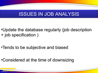 •Update the database regularly (job description
+ job specification )
•Tends to be subjective and biased
•Considered at the time of downsizing
Job Analysis
ISSUES IN JOB ANALYSIS
 
