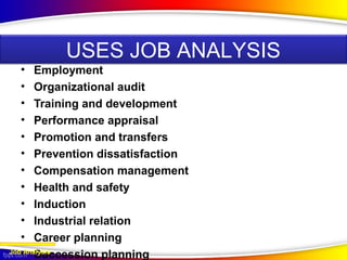 • Employment
• Organizational audit
• Training and development
• Performance appraisal
• Promotion and transfers
• Prevention dissatisfaction
• Compensation management
• Health and safety
• Induction
• Industrial relation
• Career planning
• Succession planningJob Analysis
USES JOB ANALYSIS
 