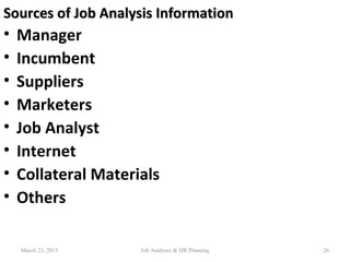 Sources of Job Analysis InformationSources of Job Analysis Information
• Manager
• Incumbent
• Suppliers
• Marketers
• Job Analyst
• Internet
• Collateral Materials
• Others
26March 23, 2015 Job Analyses & HR Planning
 
