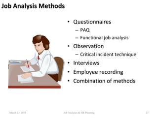Job Analysis MethodsJob Analysis Methods
• Questionnaires
– PAQ
– Functional job analysis
• Observation
– Critical incident technique
• Interviews
• Employee recording
• Combination of methods
27March 23, 2015 Job Analyses & HR Planning
 