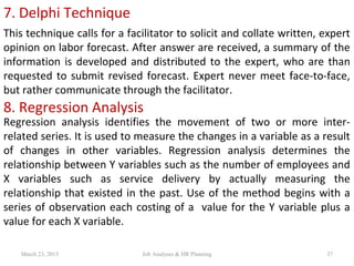 7. Delphi Technique
This technique calls for a facilitator to solicit and collate written, expert
opinion on labor forecast. After answer are received, a summary of the
information is developed and distributed to the expert, who are than
requested to submit revised forecast. Expert never meet face-to-face,
but rather communicate through the facilitator.
8. Regression Analysis
Regression analysis identifies the movement of two or more inter-
related series. It is used to measure the changes in a variable as a result
of changes in other variables. Regression analysis determines the
relationship between Y variables such as the number of employees and
X variables such as service delivery by actually measuring the
relationship that existed in the past. Use of the method begins with a
series of observation each costing of a value for the Y variable plus a
value for each X variable.
March 23, 2015 37Job Analyses & HR Planning
 