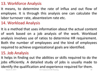 13. Workforce Analysis
It means, to determine the rate of influx and out flow of
employee. It is through this analysis one can calculate the
labor turnover rate, absenteeism rate etc.
14. Workload Analysis
It is a method that uses information about the actual content
of work based on a job analysis of the work. Workload
analysis involves use of ratios to determine HR requirement.
Both the number of employees and the kind of employees
required to achieve organizational goals are identified.
15. Job Analysis
It helps in finding out the abilities or skills required to do the
jobs efficiently. A detailed study of jobs is usually made to
identify the qualification and experience required for them.
March 23, 2015 40Job Analyses & HR Planning
 