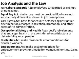 Job Analysis and the LawJob Analysis and the Law
Fair Labor Standards Act: employees categorized as exempt
or nonexempt.
Equal Pay Act: similar pay must be provided if jobs are not
substantially different as shown in job descriptions.
Civil Rights Act: basis for adequate defenses against unfair
discriminations charges in selection, promotion, and other
areas of HR administration.
Occupational Safety and Health Act: specify job elements
that endanger health or are considered unsatisfactory or
distasteful by most people.
Disabilities Act: make reasonable accommodations for
disabled workers.
Empowerment Act: make accommodations for
empowerment provisions made for women, minorities, Dalits,
etc.
55March 23, 2015 Job Analyses & HR Planning
 