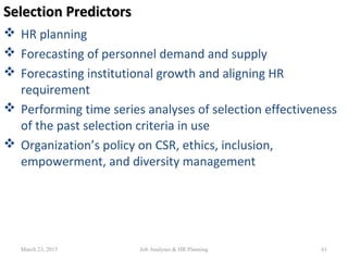 Selection PredictorsSelection Predictors
 HR planning
 Forecasting of personnel demand and supply
 Forecasting institutional growth and aligning HR
requirement
 Performing time series analyses of selection effectiveness
of the past selection criteria in use
 Organization’s policy on CSR, ethics, inclusion,
empowerment, and diversity management
61March 23, 2015 Job Analyses & HR Planning
 