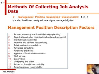 Management Position Description Factors  4-17 Product, marketing and financial strategy planning. Coordination of other organisational units and personnel. Internal business control. Products and services responsibility. Public and customer relations. Advanced consulting. Autonomy of actions. Approval of financial commitments. Staff service. Supervision. Complexity and stress. Advanced financial responsibility. Broad personnel responsibility. Job Analysis Management Position Description Questionnaire:  it is a  standardised form designed to analyse managerial jobs Methods Of Collecting Job Analysis Data   