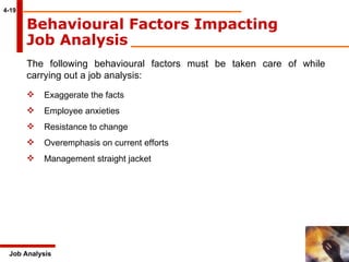 4-19 Job Analysis Behavioural Factors Impacting Job Analysis The following behavioural factors must be taken care of while carrying out a job analysis:   Exaggerate the facts Employee anxieties Resistance to change Overemphasis on current efforts Management straight jacket 