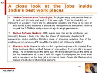 4-26 Job Analysis A close look at the jobs inside India’s best work places Sasken Communication Technologies:  Employees enjoy considerable freedom  to think and innovate and work in their own style. There is absolutely no  monitoring of anybody. There are no attendance registers and there is no limit on  sick leaves. Every employee is trusted and management is transparent. There is  no perk that CEO Rajiv Mody enjoys that a junior employee does not. Hughes Software Systems:  HSS makes sure that all its employees get  interesting breaks - these may take the shape of personality development  programmes, cricket matches, literature clubs, or adventure activities. One of the  employees even commented "If I don't like my boss, I can change my section." Monsanto India:  Monsanto India is a flat organisation (three to four levels). Even  these levels are often cut short through an open culture. Everyone sits in an open  office. The workstations are the some size. The travel allowances are the same so  are the refreshments of course it sets stiff targets for employees, but trains them  with a rare rigour so that they get a fair shot at those. People identified as future  leaders are rolled over challenging positions. Cont… 