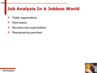 4-28 Job Analysis Flatter organisations Work teams Boundary less organisations Reengineering exercises  Job Analysis In A Jobless World   