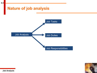 4-3 Nature of job analysis  Job Analysis Job Analysis Job Tasks Job Duties Job Responsibilities 